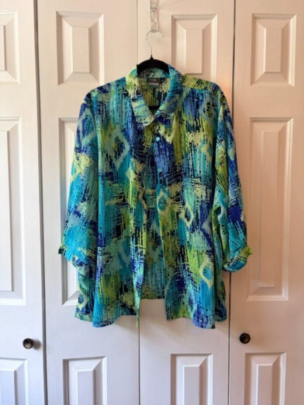 Southern Lady 3X Blouse Blue Green Abstract Print Button Front Tunic Top Plus Si